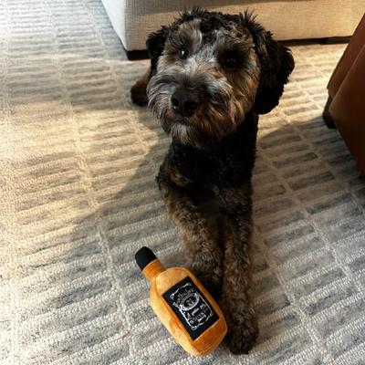 Show full view: Huxley & Kent Dog Power Plush Bad Dog Jack's Whiskey Dog Toy, Black/Tan, Large slide 7 of 10