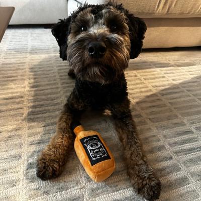 Show full view: Huxley & Kent Dog Power Plush Bad Dog Jack's Whiskey Dog Toy, Black/Tan, Small slide 6 of 10