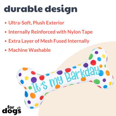 Show full view: Huxley & Kent Dog Power Plush It's My Barkday Bone Dog Toy, Blue/Multicolor, Small slide 2 of 10