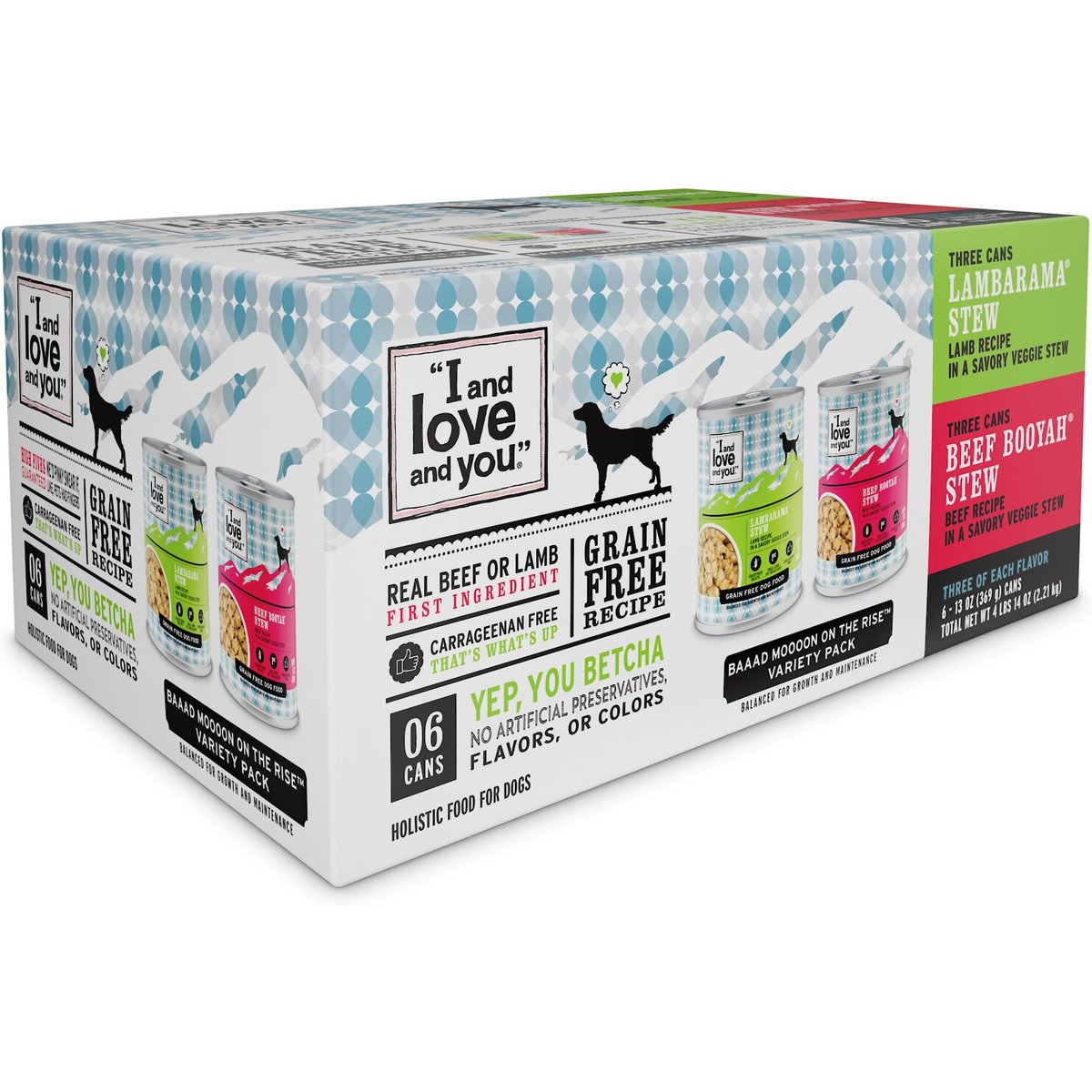 I and Love and You Beef Booyah and Lambarama Stew Grain-Free Combo Pack Canned Dog Food, 13-oz, case of 6