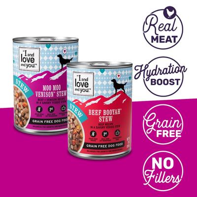Show full view: I and Love and You Beef Booyah and Moo Moo Venison Stew Grain-Free Combo Pack Canned Dog Food, 13-oz, case of 6 slide 3 of 12