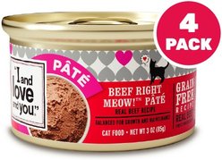 I and Love and You Beef Right Meow! Pate Grain-Free Canned Cat Food, 3-oz can, case of 4