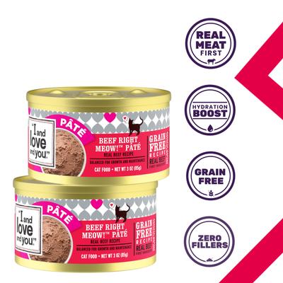 Show full view: I and Love and You Beef Right Meow! Pate Grain-Free Canned Cat Food, 3-oz, case of 24 slide 3 of 12
