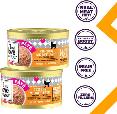 Show full view: I and Love and You Chicken Me Out Pate Grain-Free Canned Cat Food, 3-oz can, case of 4 slide 3 of 10