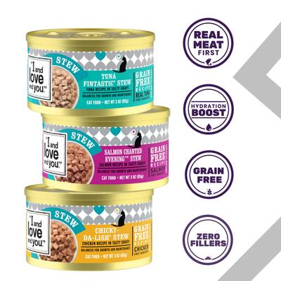 Show full view: I and Love and You Chicky-Da-Lish, Salmon Chanted Evening and Tuna Fintastic Stew Variety Pack Canned Cat Food, 3-oz, case of 12 slide 3 of 12