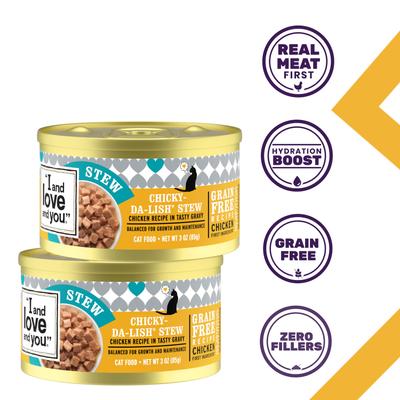 Show full view: I and Love and You Chicky-Da-Lish Stew Grain-Free Canned Cat Food, 3-oz, case of 24 slide 3 of 12