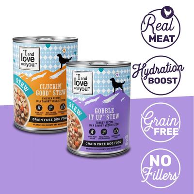 Show full view: I and Love and You Cluckin' Good and Gobble it Up Stew Grain-Free Combo Pack Canned Dog Food, 13-oz, case of 6 slide 3 of 12