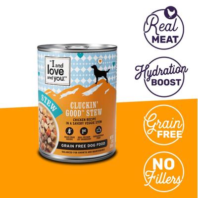 Show full view: I and Love and You Cluckin' Good Stew Grain-Free Canned Dog Food, 13-oz, case of 12 slide 3 of 12