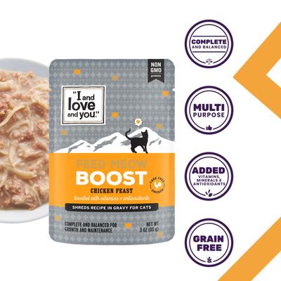 Show full view: I and Love and You Feed Meow Boost Chicken Grain-Free Chunks In Gravy Wet Cat Food, 3-oz pouch, case of 24 slide 3 of 9