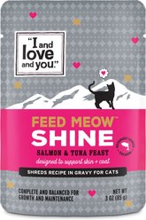 I and Love and You Feed Meow Shine Salmon & Tuna Grain-Free Chunks In Gravy Wet Cat Food, 3-oz pouch, case of 24