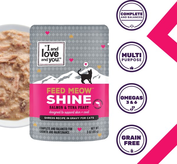 I and Love and You Feed Meow Shine Salmon & Tuna Grain-Free Chunks In Gravy Wet Cat Food, 3-oz pouch, case of 24