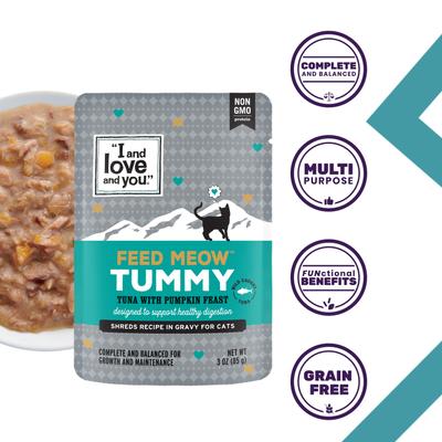 Show full view: I and Love and You Feed Meow Tummy Tuna & Pumpkin Feast Grain-Free Chunks In Gravy Wet Cat Food, 3-oz pouch, case of 24 slide 3 of 9