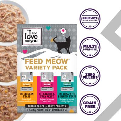 Show full view: I and Love and You Feed Meow Variety Pack Grain-Free Chunks In Gravy Wet Cat Food, 3-oz pouch, case of 12 slide 3 of 11