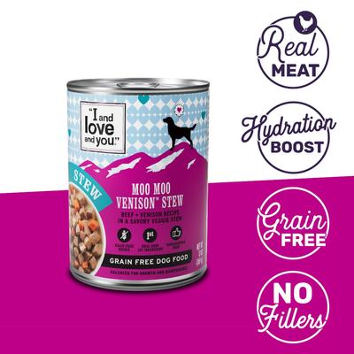 Show full view: I and Love and You Moo Moo Venison Stew Grain-Free Canned Dog Food, 13-oz, case of 12 slide 3 of 12