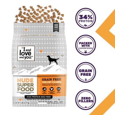 Show full view: I and Love and You Nude Food Grain-Free Poultry Palooza Dry Dog Food, 23-lb bag slide 3 of 12