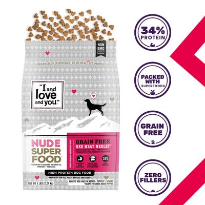 Show full view: I and Love and You Nude Super Food Grain-Free Red Meat Medley Dry Dog Food, 5-lb bag slide 3 of 12