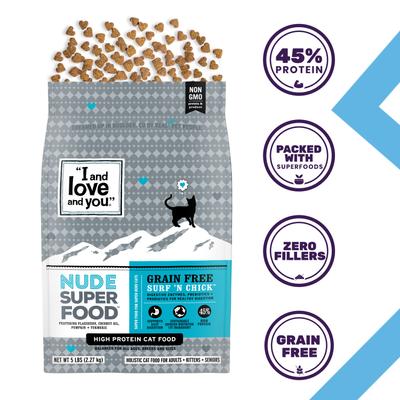 Show full view: I and Love and You Nude Super Food Surf 'n Chick Grain-Free Dry Cat Food, 5-lb bag slide 3 of 12