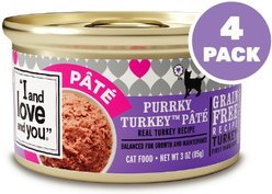 I and Love and You Purrky Turkey Pate Grain-Free Canned Cat Food, 3-oz can, case of 4