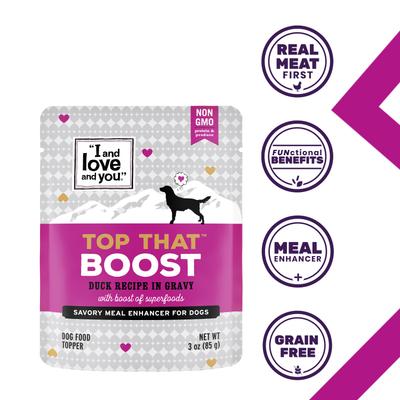 Show full view: I and Love and You Top That Boost Duck Recipe Grain-Free Dog Food Topper, 3-oz pouch, case of 12 slide 3 of 10