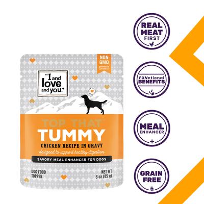 Show full view: I and Love and You Top That Tummy Chicken Recipe Grain-Free Dog Food Topper, 3-oz pouch, case of 12 slide 3 of 11