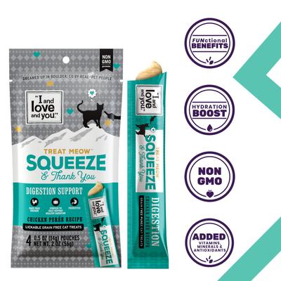 Show full view: I and Love and You Treat Meow Digestion Support Chicken Puree Lickable Cat Treats, 0.5-oz pouch, case of 96 slide 3 of 9