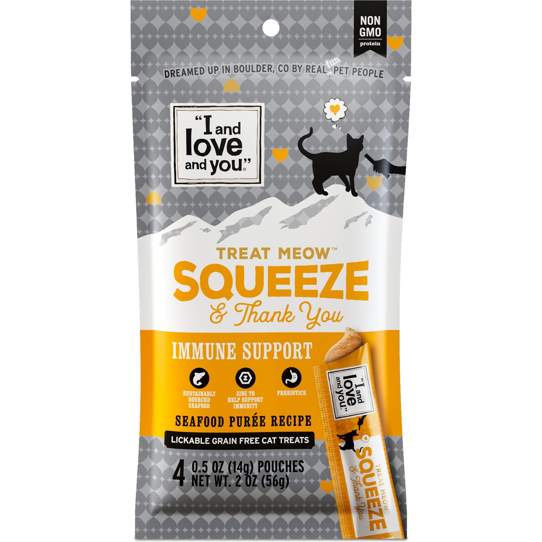 I and Love and You Treat Meow Immune Support Seafood Puree Lickable Cat Treats, 0.5-oz pouch, case of 96