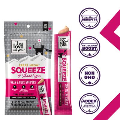 Show full view: I and Love and You Treat Meow Skin & Coat Support Tuna Puree Lickable Cat Treats, 0.5-oz pouch, case of 96 slide 3 of 9