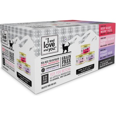 I and Love and You I and Love and You Variety Pack Wholly Cow!, Savory Salmon and Purrky Turkey Pate Canned Cat Food, 3-oz, case of 12
