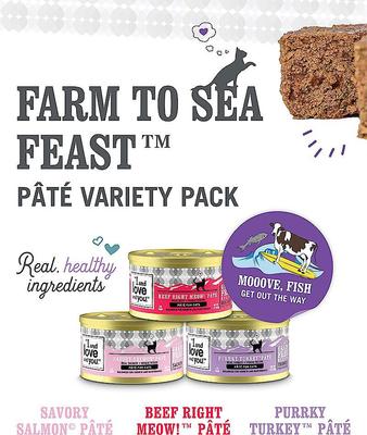 Show full view: I and Love and You Variety Pack Wholly Cow!, Savory Salmon and Purrky Turkey Pate Canned Cat Food, 3-oz can, bundle of 36  slide 3 of 12