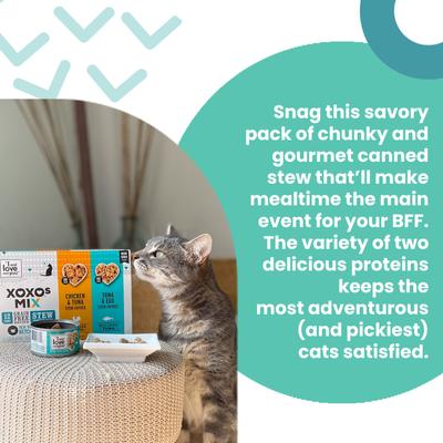 Show full view: I and Love and You XOXO Chicken & Tuna Stew Grain-Free Variety Pack Canned Cat Food, 3-oz can, case of 12 slide 3 of 9