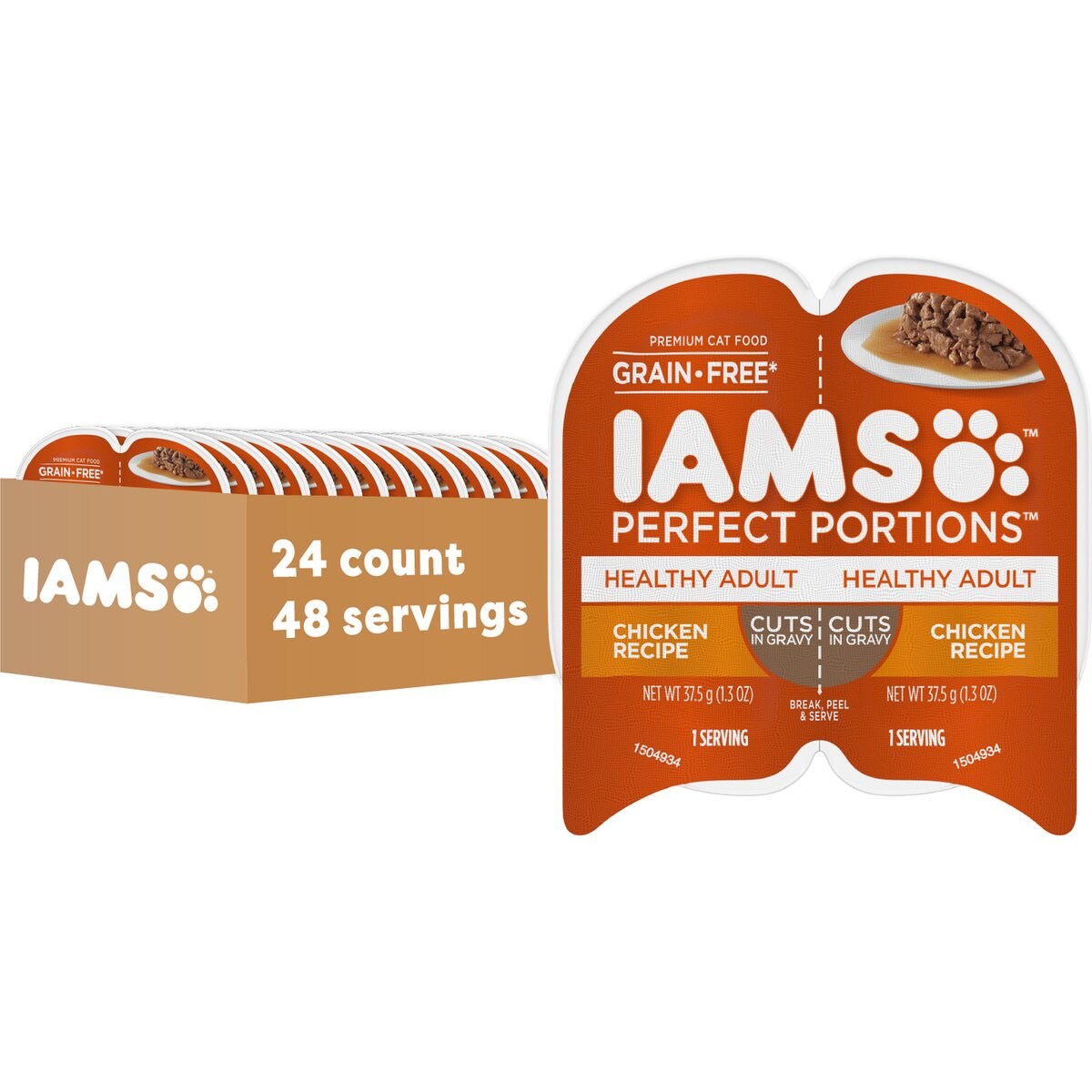 Iams Perfect Portions Healthy Adult Chicken Recipe Grain-Free Cuts in Gravy Wet Cat Food Trays, 2.6-oz, case of 24 twin-packs