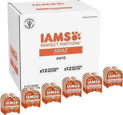 Iams Perfect Portions Healthy Adult Chicken Salmon Variety Pack Grain-Free Pate Wet Cat Food, 2.6-oz tray, case of 24