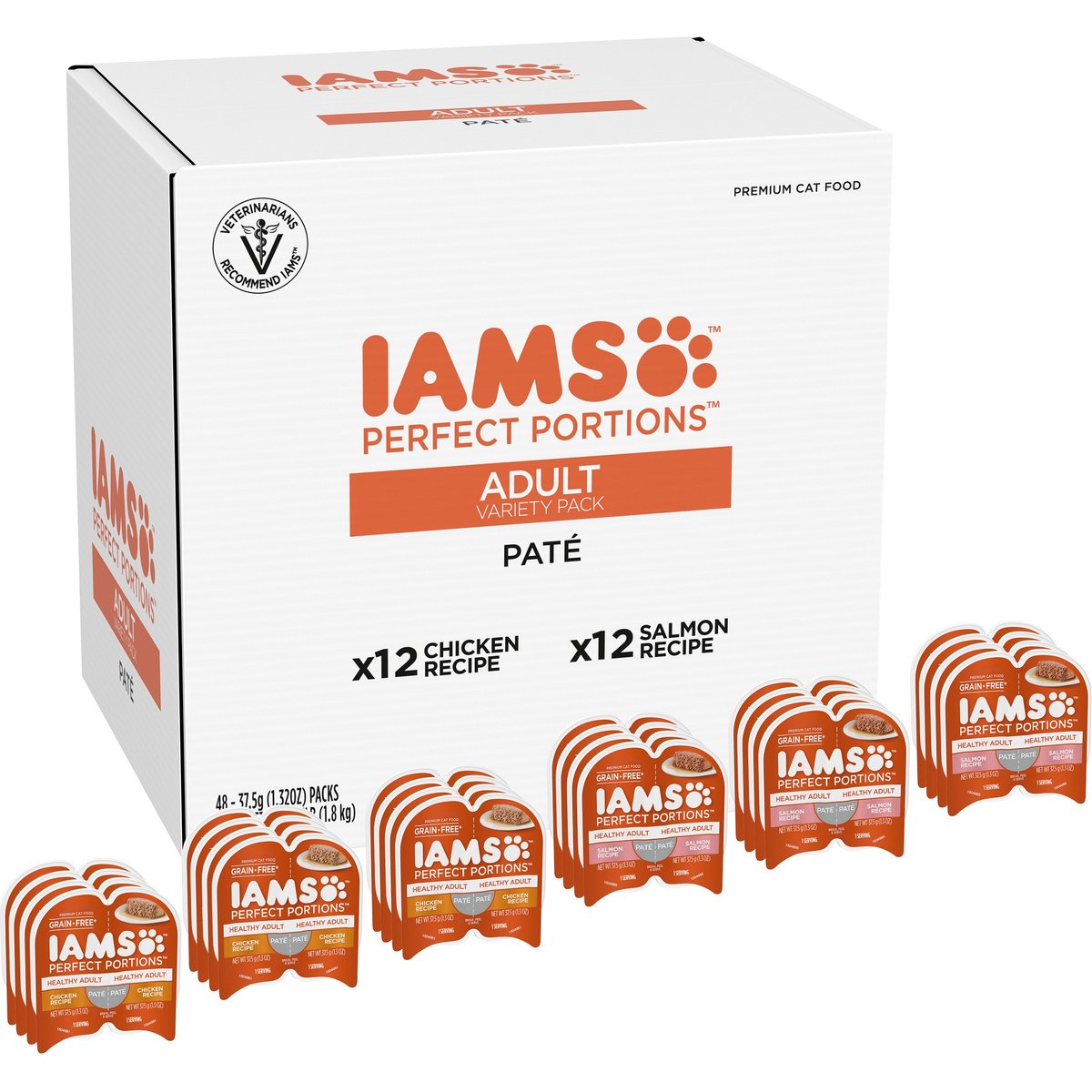Iams Perfect Portions Healthy Adult Chicken Salmon Variety Pack Grain-Free Pate Wet Cat Food, 2.6-oz tray, case of 24 twin packs