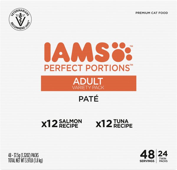 Iams Perfect Portions Healthy Adult Salmon Tuna Variety Pack Grain-Free Pate Wet Cat Food, 2.6-oz tray, case of 24