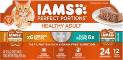 Iams Perfect Portions Healthy Adult Multipack Chicken & Tuna Recipe Pate Grain-Free Cat Food, 2.6-oz tray, bundle of 24 twin-packs 