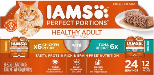 Show full view: Iams Perfect Portions Healthy Adult Multipack Chicken & Tuna Recipe Pate Grain-Free Cat Food, 2.6-oz tray, bundle of 24 twin-packs  slide 1 of 9