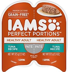 Iams Perfect Portions Healthy Adult Tuna Recipe Grain-Free Soft Pate Wet Cat Food, 2.6-oz tray, case of 24 twin-packs