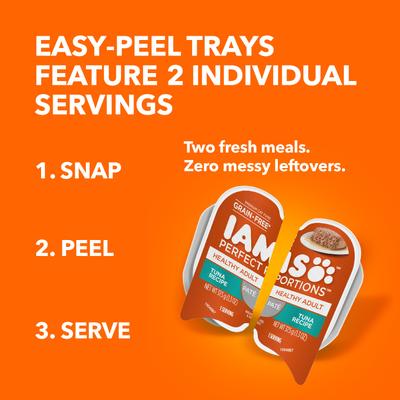 Show full view: Iams Perfect Portions Healthy Adult Tuna Recipe Grain-Free Soft Pate Wet Cat Food, 2.6-oz tray, case of 24 twin-packs slide 5 of 12