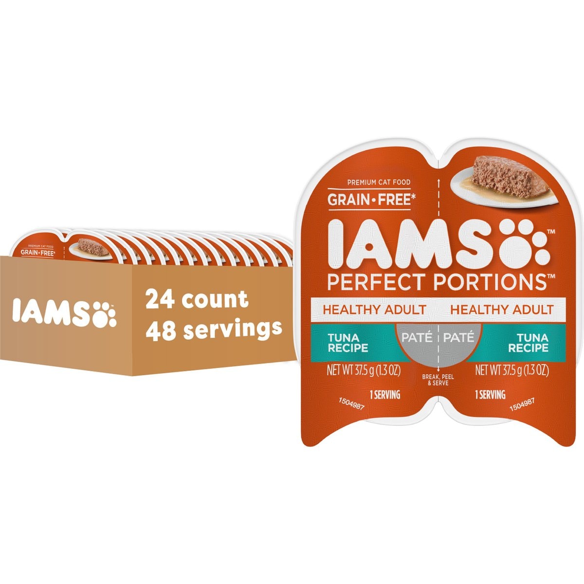 Iams Perfect Portions Healthy Adult Tuna Recipe Pate Grain-Free Wet Cat Food, 2.6-oz tray, case of 24 twin packs