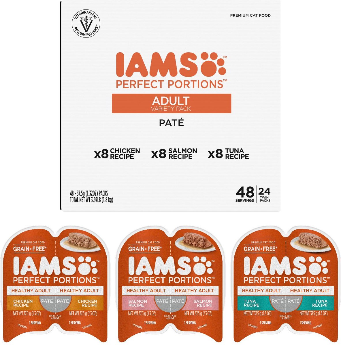 Iams Perfect Portions Healthy Adult Chicken & Salmon Variety Pack Grain-Free Pate Wet Cat Food, 2.6-oz tray, case of 24