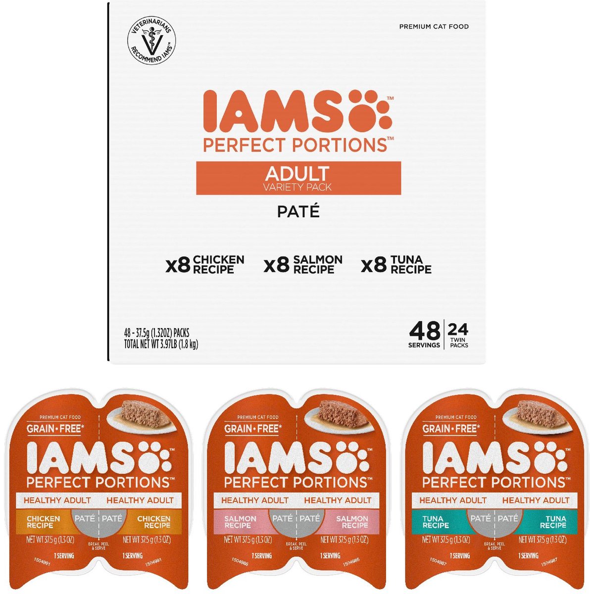 Iams Perfect Portions Healthy Adult Variety Pack Pate Grain-Free Wet Cat Food, 2.6-oz tray, case of 24 twin packs
