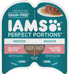 Iams Perfect Portions Indoor Salmon Recipe Grain-Free Cuts in Gravy Adult Wet Cat Food Trays, 2.6-oz, case of 24 twin-packs