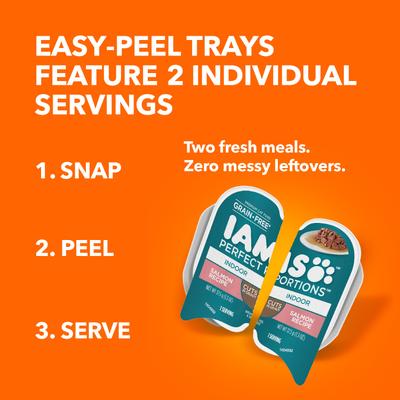 Show full view: Iams Perfect Portions Indoor Salmon Recipe Grain-Free Cuts in Gravy Adult Wet Cat Food Trays, 2.6-oz, case of 24 twin-packs slide 5 of 12