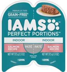 Iams Perfect Portions Indoor Salmon Recipe Grain-Free Pate Wet Cat Food, 2.6-oz, case of 24 twin-packs