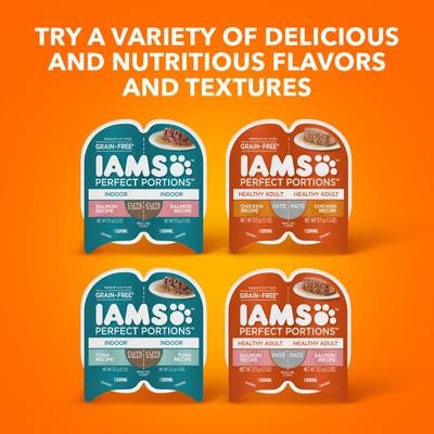 Show full view: Iams Perfect Portions Indoor Salmon & Turkey Recipe Variety Pack Grain-Free Pate Wet Cat Food, 2.6-oz tray, case of 12 twin-packs slide 10 of 12