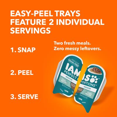 Show full view: Iams Perfect Portions Indoor Tuna Recipe Grain-Free Cuts in Gravy Adult Wet Cat Food Trays, 2.6-oz, case of 24 twin-packs slide 5 of 12