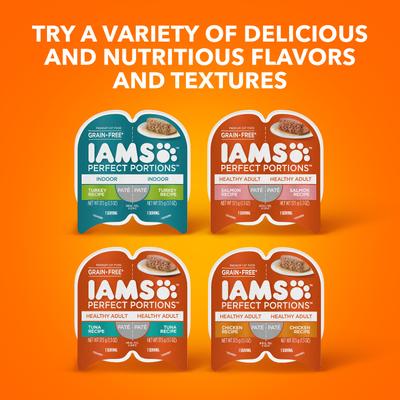 Show full view: Iams Perfect Portions Indoor Tuna Recipe Grain-Free Cuts in Gravy Adult Wet Cat Food Trays, 2.6-oz, case of 24 twin-packs slide 10 of 12