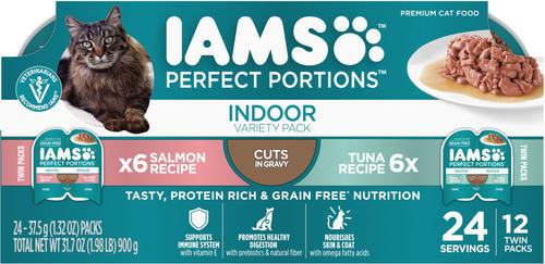 Show full view: Iams Perfect Portions Indoor Tuna & Salmon Recipe Grain-Free Cuts in Gravy Multipack Wet Cat Food, 2.6-oz tray, bundle of 24 twin-packs  slide 1 of 8