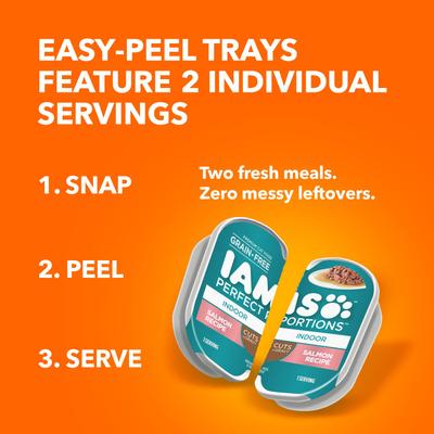 Show full view: Iams Perfect Portions Indoor Tuna & Salmon Recipe Grain-Free Cuts in Gravy Variety Pack Adult Wet Cat Food Trays, 2.6-oz tray, case of 12 twin-packs slide 9 of 11