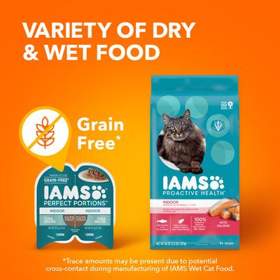 Show full view: Iams Perfect Portions Indoor Tuna & Salmon Recipe Grain-Free Cuts in Gravy Variety Pack Adult Wet Cat Food Trays, 2.6-oz tray, case of 12 twin-packs slide 10 of 11